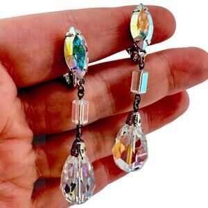 2” Lewis Segal Vintage Aurora Borealis Faceted Crystal Teardrop Clip On Earrings